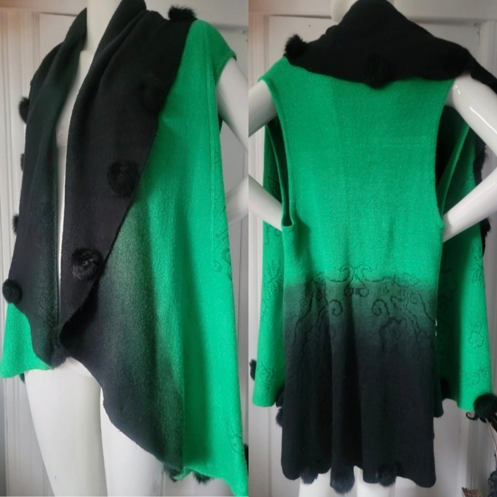Green and Black Pom Trim Layered Shawl